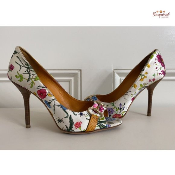 Authentic GUCCI Botanical Floral Satin & Karung Horsebit Peep Toe Pumps Size 7.5 - Picture 3 of 14